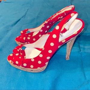 Bakers red white polkadot stilettos cork heel